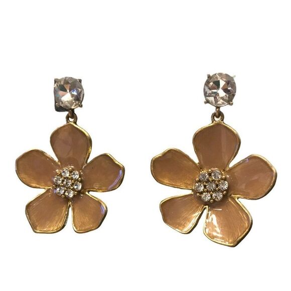 Beige Flower Clear Rhinestones Pierced Earrings - Picture 1 of 4